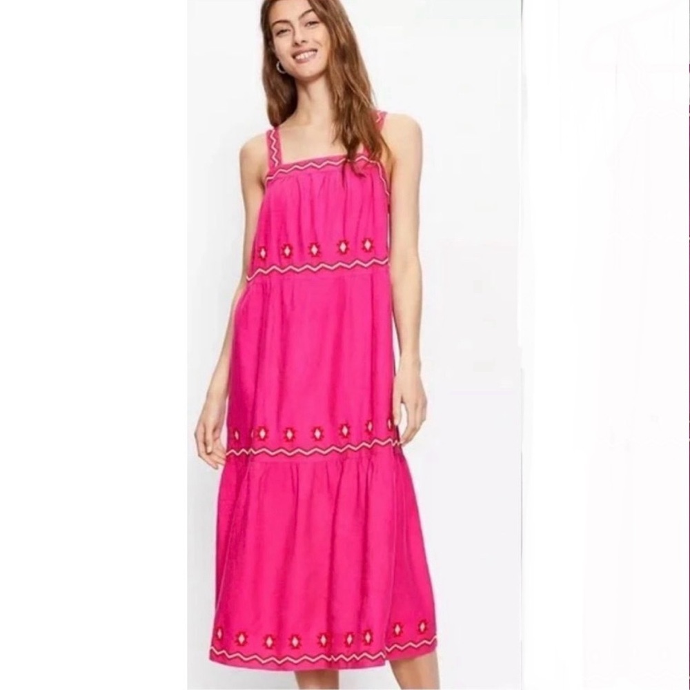 Loft Embroidered Linen blend Boho tiered bright Pink Midi Dress, size small